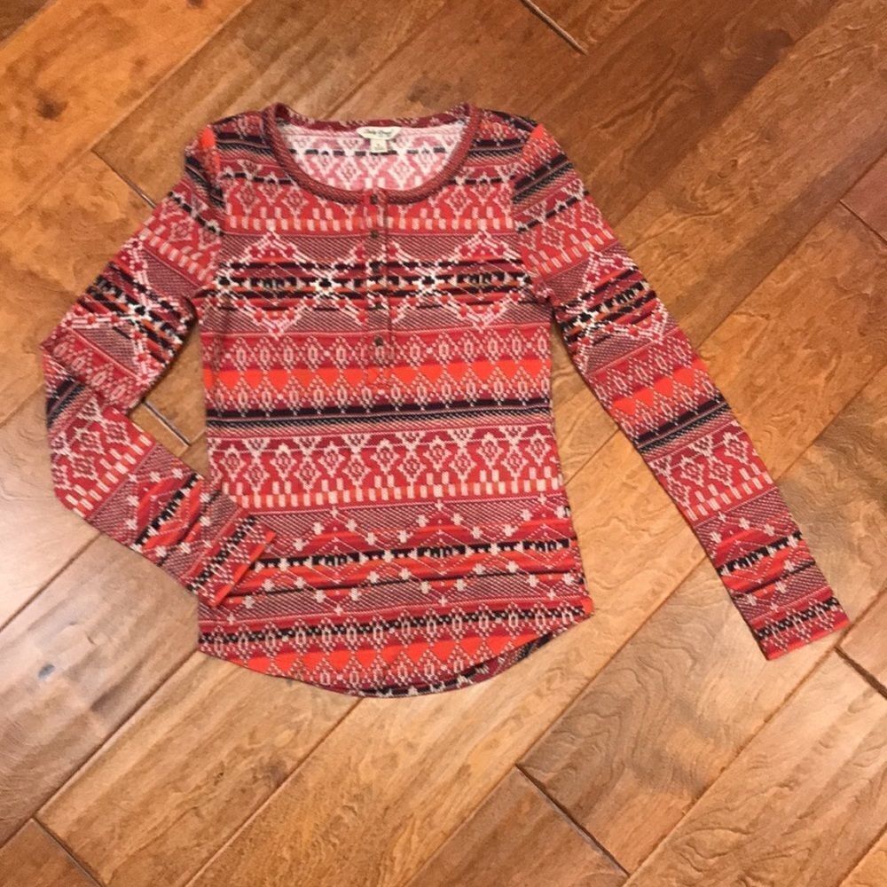 Lucky Brand Red & White Traditional Sweater Print Long Sleeve Henley Top